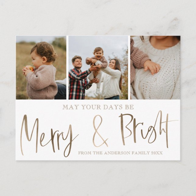 Merry and Bright Faux Gold 3 Photo Christmas Postcard (Front)
