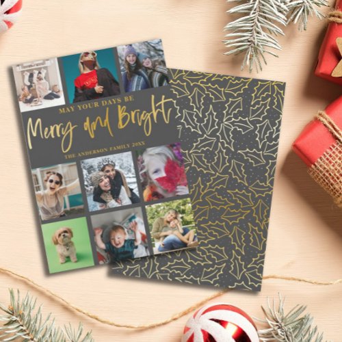 Merry and Bright Faux Gold 9 Photo Christmas  Holiday Card