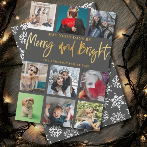Merry and Bright Faux Gold 9 Photo Christmas  Holiday Card