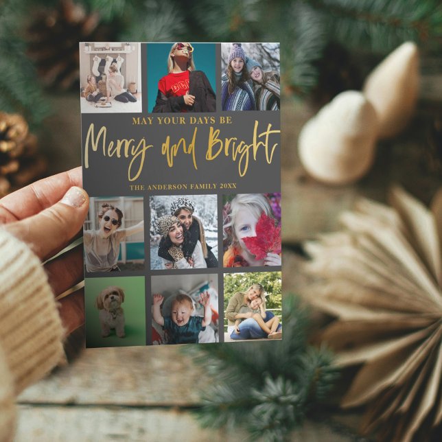 Merry and Bright Faux Gold 9 Photo Christmas  Holiday Card (Creator Uploaded)