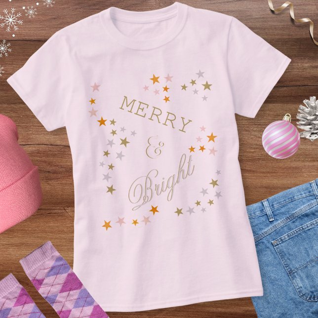 Merry and Bright Faux Gold Silver Stars Christmas T-Shirt (A t-shirt for the festive season, with faux gold and silver stars, and 'Merry & Bright' words)