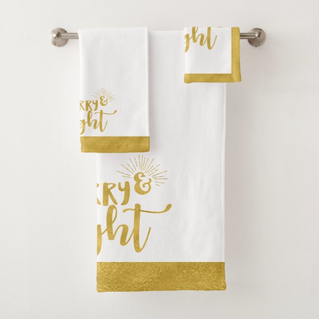 Merry and Bright Faux Gold Typography Christmas Bath Towel Set (Insitu)