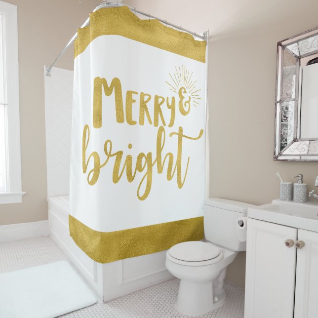 Merry and Bright Faux Gold Typography Christmas Shower Curtain (In Situ)