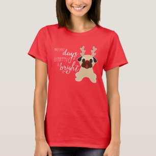 Merry and Bright Fawn Pug Christmas Reindeer T-Shirt