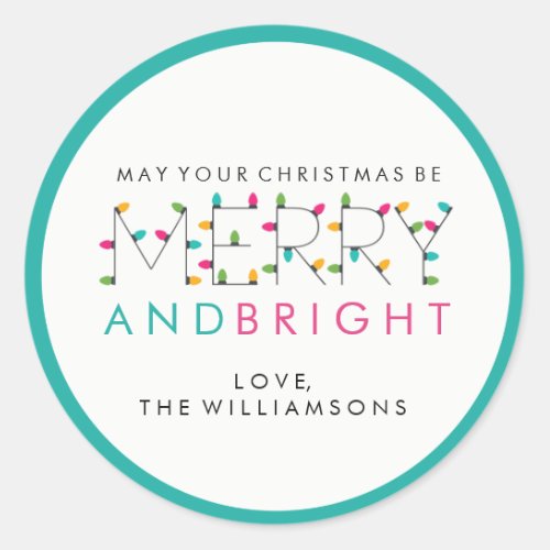 Merry and Bright Festive Christmas Tree Lights Classic Round Sticker