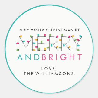 Merry and Bright Festive Christmas Tree Lights Classic Round Sticker