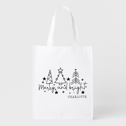 Merry And Bright Festive Christmas Trees Name Grocery Bag