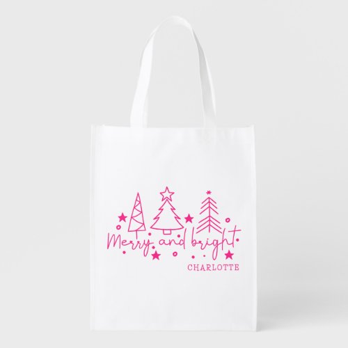 Merry And Bright Festive Christmas Trees Name Grocery Bag