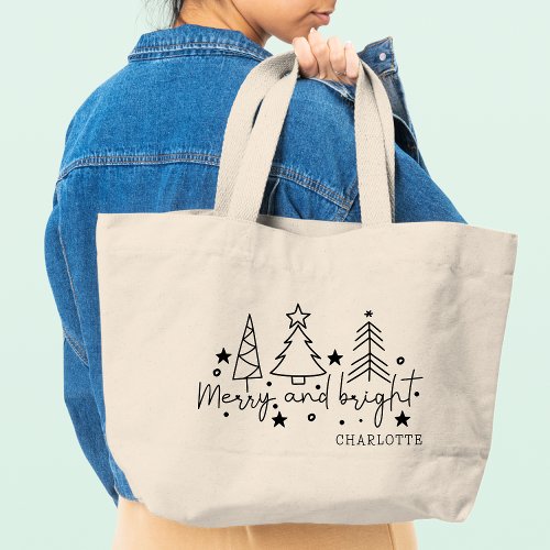 Merry And Bright Festive Christmas Trees Name Large Tote Bag
