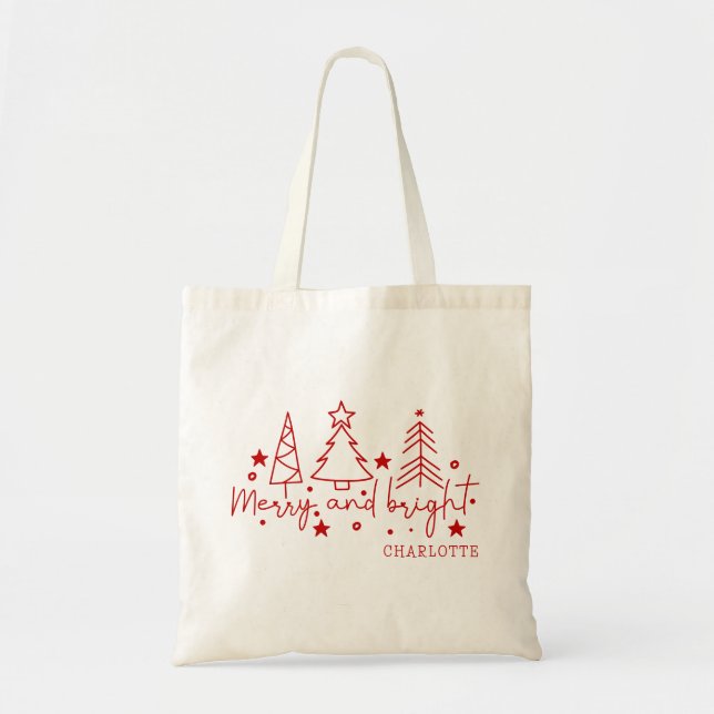 Merry And Bright Festive Christmas Trees Name Tote Bag (Front)