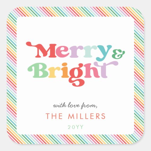 Merry And Bright Festive Colorful Retro Minimal Square Sticker