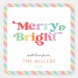 Merry And Bright Festive Colorful Retro Minimal Square Sticker