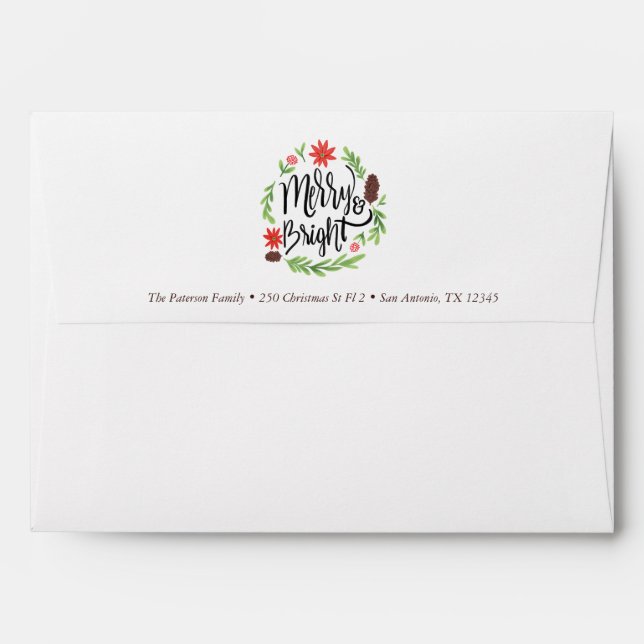 "Merry and Bright" Festive Hand Painted Wreath Envelope (Back (Top Flap))