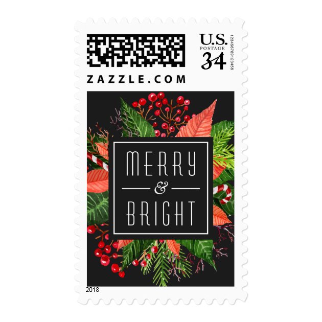 Merry And Bright Festive Holiday Christmas Berries Postage