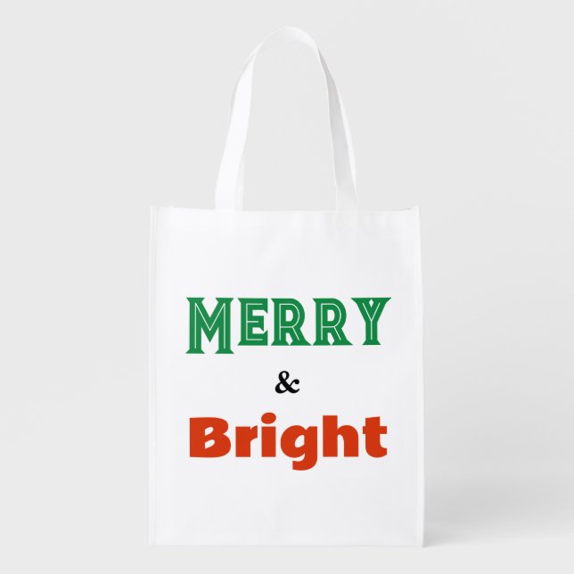 Merry and Bright Festive Red Green White Christmas Grocery Bag (Front)