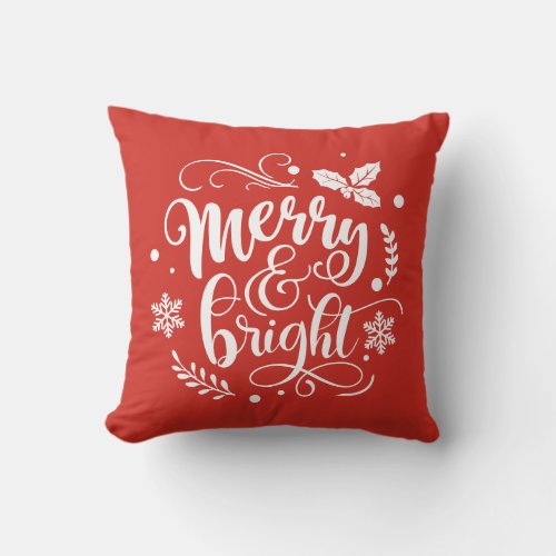 Merry and Bright Festive Red Holiday Throw Pillow