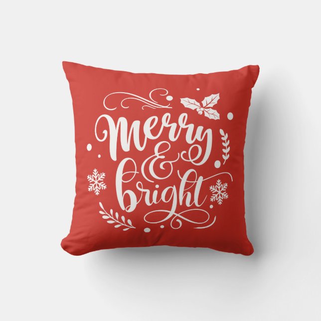 Merry and Bright Festive Red Holiday Throw Pillow (Front)
