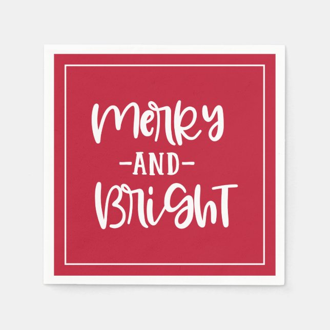 Merry And Bright Festive Script Red Holiday Napkins (Front)