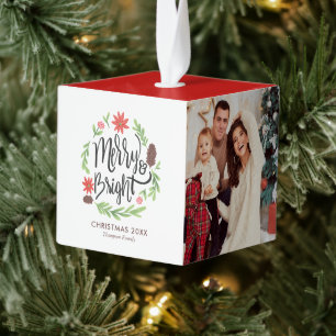 "Merry and Bright" Festive Wreath 3 Photo Cube Ornament