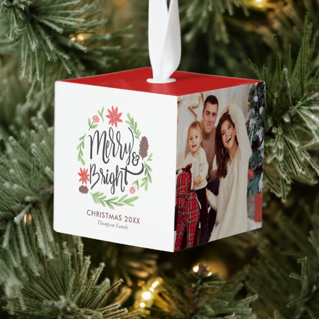 "Merry and Bright" Festive Wreath 3 Photo Cube Ornament (Tree)
