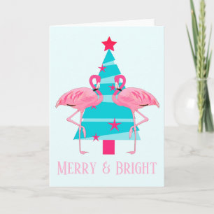 Merry and Bright Flamingos Beach Theme Christmas Holiday Card