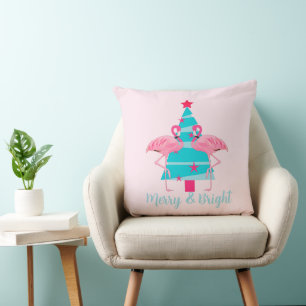 Merry and Bright Flamingos Retro Beach Christmas Throw Pillow