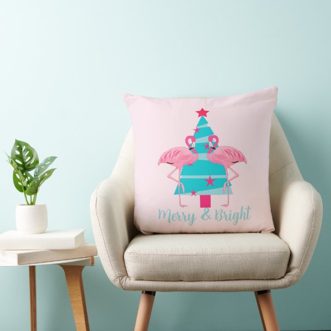 Merry and Bright Flamingos Retro Beach Christmas Throw Pillow (Chair)
