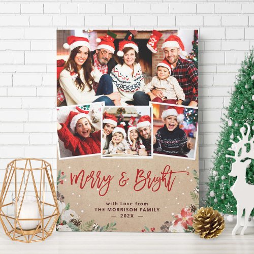 Merry and Bright Floral 4 Photo Christmas Kraft Holiday Card