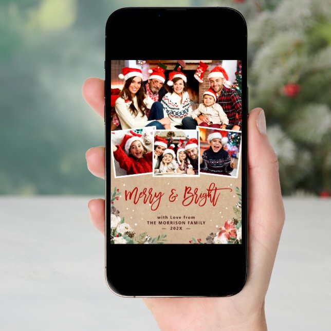 Merry and Bright Floral 4 Photo Christmas Kraft Holiday Card (Front Digital)