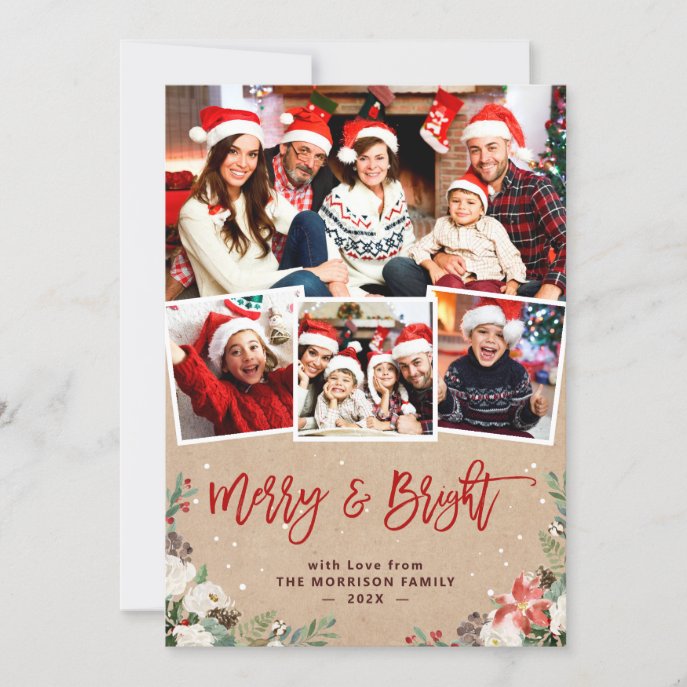 Merry and Bright Floral 4 Photo Christmas Kraft Holiday Card