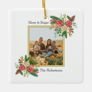 Merry and Bright Floral Family Photo Ceramic Ornament