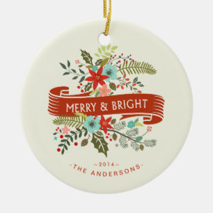 Merry and Bright Floral Holiday Family Photo Ceramic Ornament