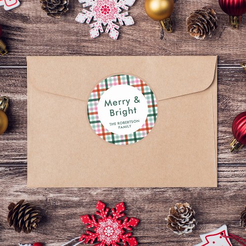 Merry and Bright Gingham Green Pink Red Christmas Classic Round Sticker