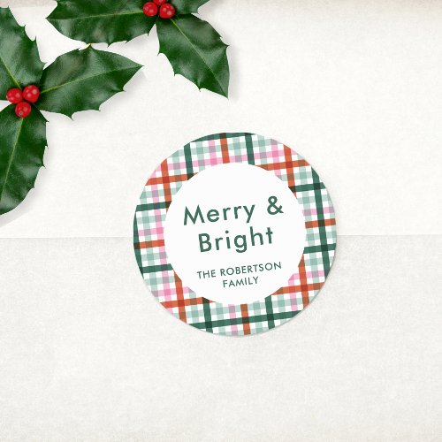 Merry and Bright Gingham Green Pink Red Christmas Classic Round Sticker