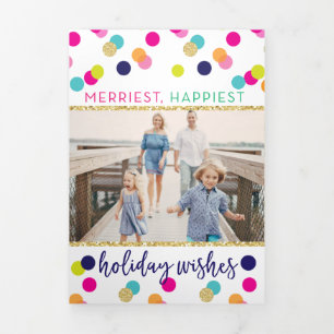 Merry and Bright Glitter Confetti Christmas Tri-Fold Holiday Card