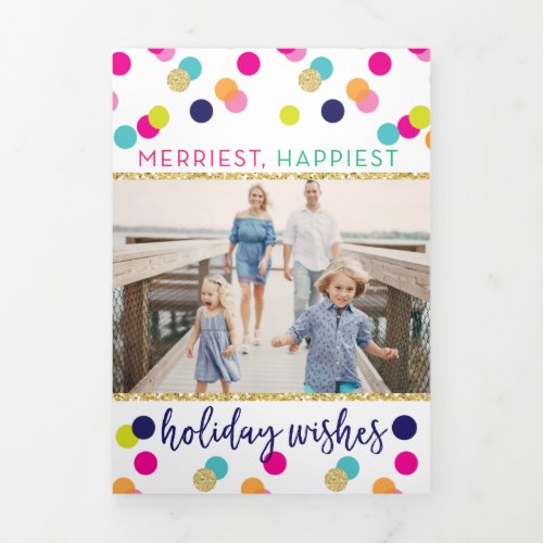 Merry and Bright Glitter Confetti Christmas Tri_Fold Holiday Card