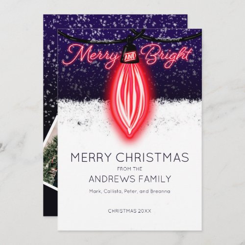 Merry and Bright Glowing Lightbulb Photo Christmas Holiday Card