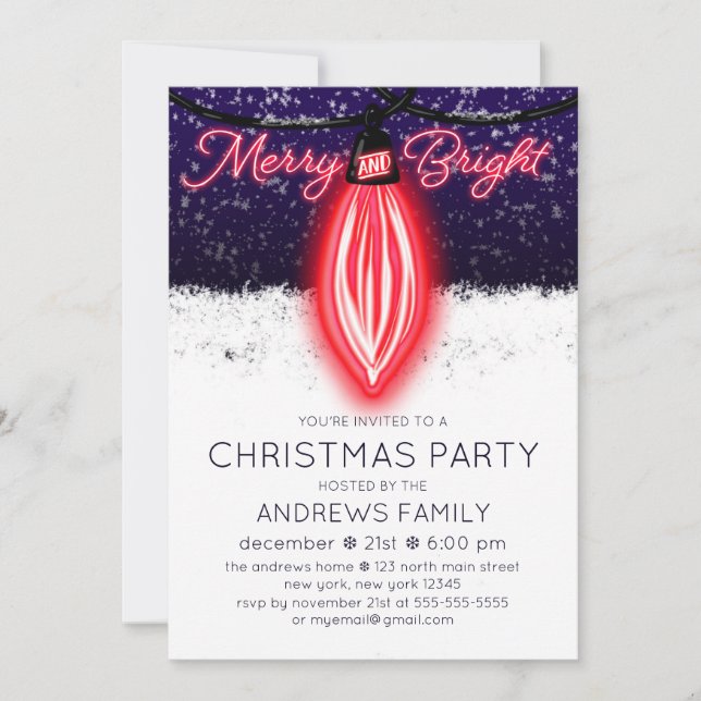 Merry and Bright Glowing Neon Lightbulb Christmas Invitation (Front)