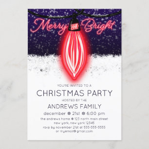 Merry and Bright Glowing Neon Lightbulb Christmas Invitation