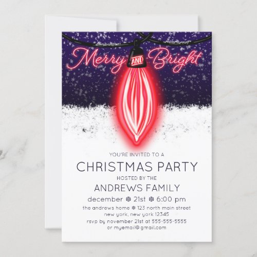 Merry and Bright Glowing Neon Lightbulb Christmas Invitation