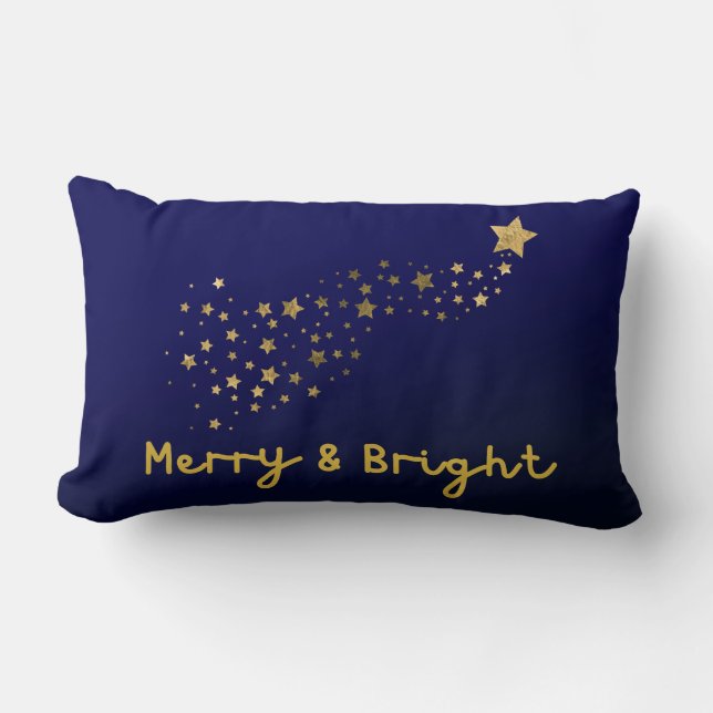 Merry And Bright Gold And Navy Blue Script Lumbar Pillow (Front)