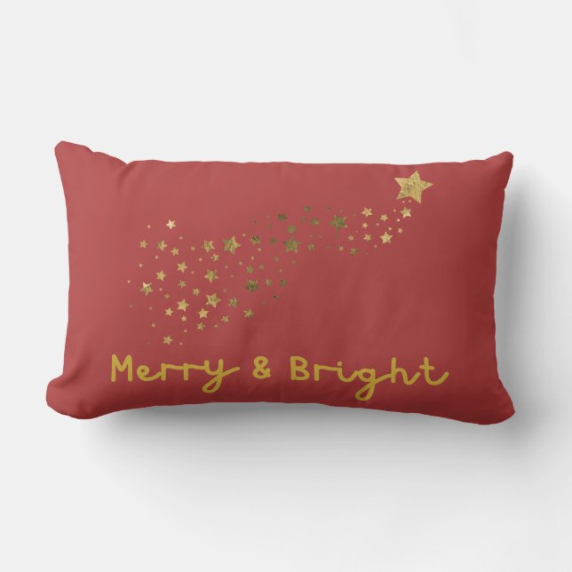 Merry And Bright Gold And Soft Red Script Lumbar Pillow (Front)
