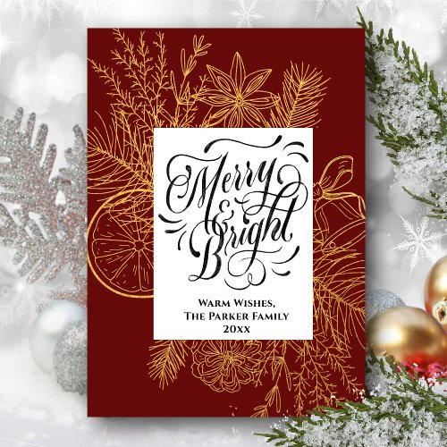 Merry and Bright Gold Citrus Pine Tree Bough Red Holiday Card