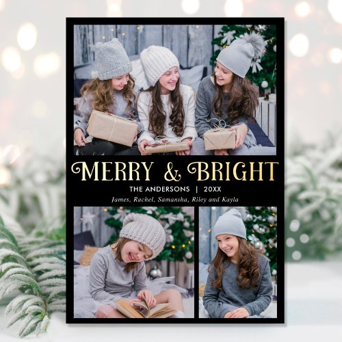 Merry and Bright gold foil black three photo Foil Holiday Card