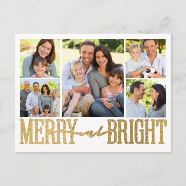 Merry and Bright Gold Foil Photo Collage Holiday Postcard (Front)