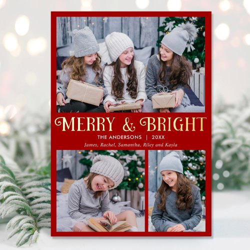 Merry and Bright gold foil red three 3 photo Foil Holiday Card
