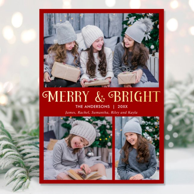 Merry and Bright gold foil red three 3 photo Foil Holiday Card (Creator Uploaded)