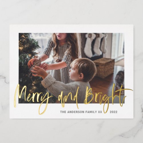 Merry and Bright Gold Foil Script Photo Christmas  Foil Holiday Postcard