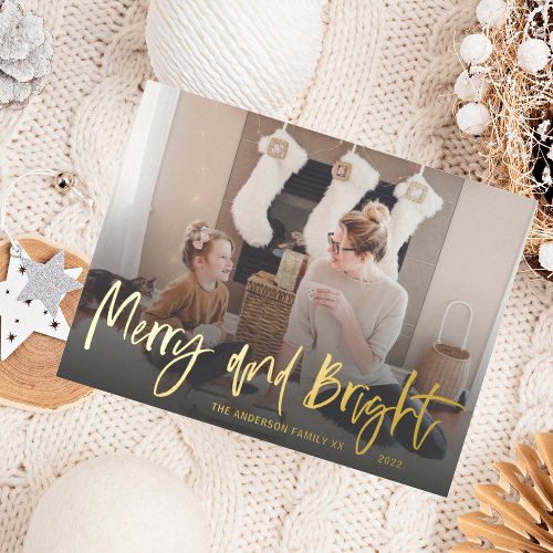 Merry and Bright Gold Foil Script Photo Christmas  Foil Holiday Postcard