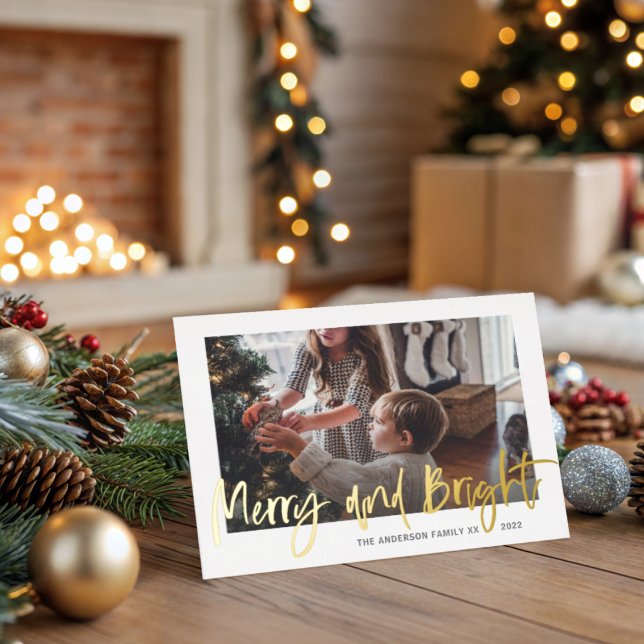 Merry and Bright Gold Foil Script Photo Christmas  Holiday Postcard (Creator Uploaded)